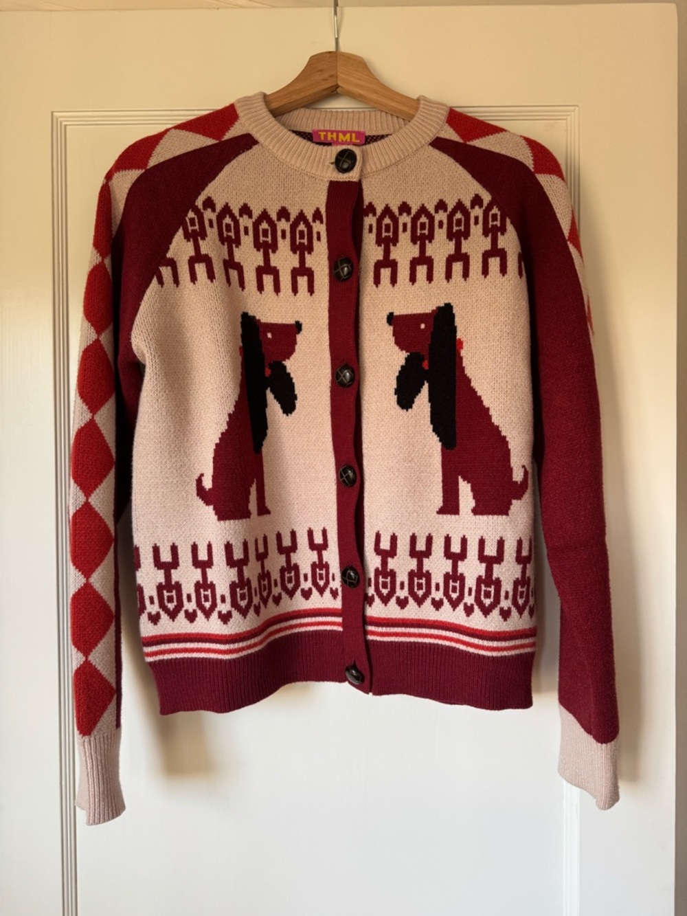 THML Red and Cream Dog Motif Button-Front Cardigan